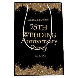 25th Wedding Anniversary Gold Faux Glitter Mittlere Geschenktüte