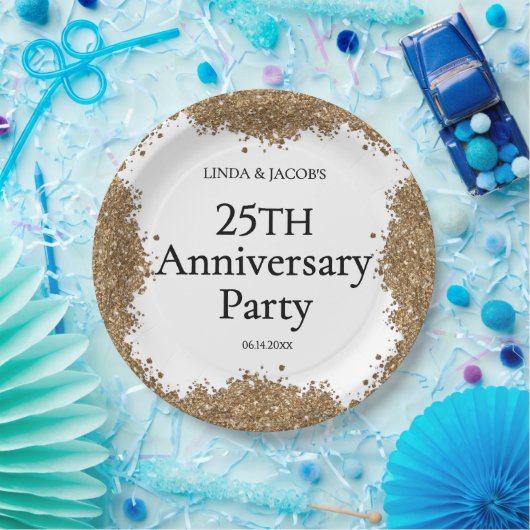 25th Wedding Anniversary Gold Faux Glitter  Pappteller (Party)