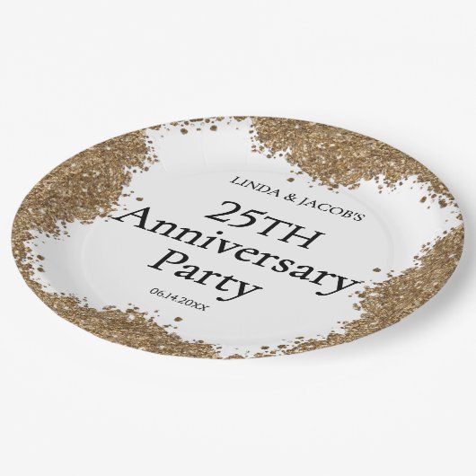 25th Wedding Anniversary Gold Faux Glitter  Pappteller (Schrägansicht)