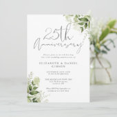 25th Wedding Anniversary Greenery Silver Script Einladung (Stehend Vorderseite)