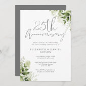 25th Wedding Anniversary Greenery Silver Script Einladung (Vorne/Hinten)