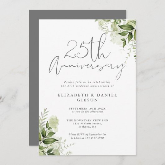 25th Wedding Anniversary Greenery Silver Script Einladung (Vorne/Hinten)