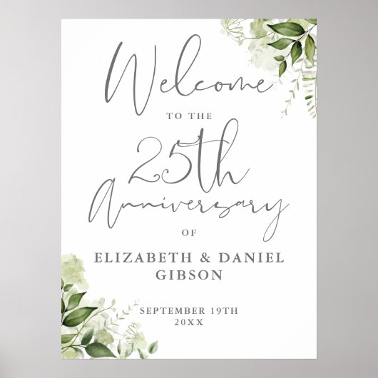 25th Wedding Anniversary Greenery Welcome Sign Poster (Vorne)