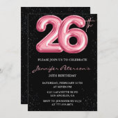 26. Geburtstag Einladungen Pink Balloon Glam Black (Vorne/Hinten)