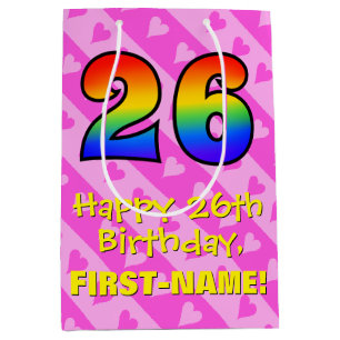 26. Geburtstag: Fun Pink Hearts Streifen; Regenbog Mittlere Geschenktüte