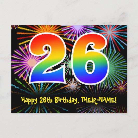 26. Geburtstag – Lustiges Feuerwerk Muster + Regen Postkarte (Vorderseite)