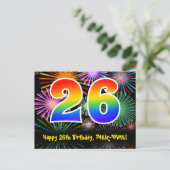 26. Geburtstag – Lustiges Feuerwerk Muster + Regen Postkarte (Stehend Vorderseite)