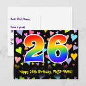 26. Geburtstag: Lustiges Herzen-Muster, Regenbogen Postkarte (Vorne/Hinten)