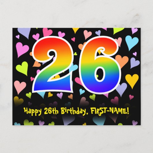 26. Geburtstag: Lustiges Herzen-Muster, Regenbogen Postkarte (Vorderseite)