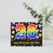 26. Geburtstag: Lustiges Herzen-Muster, Regenbogen Postkarte (Stehend Vorderseite)