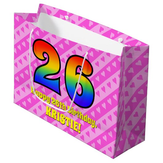 26. Geburtstag: Rosa Streifen & Herz, Regenbogen # Große Geschenktüte (Vorderseite Schrägansicht)