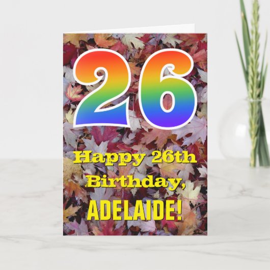 26. Geburtstag; Rustikale Herbstblätter; Regenboge Karte (Vorderseite)