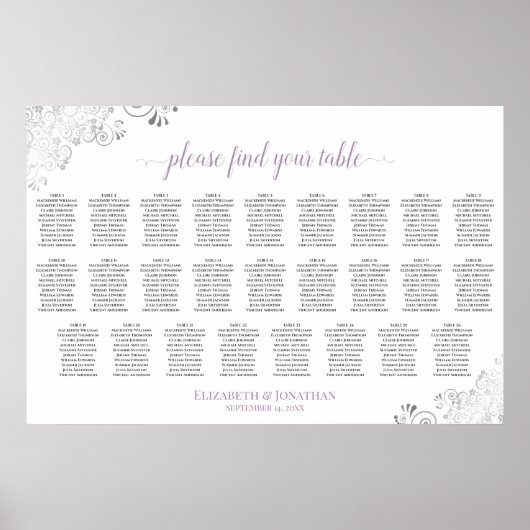 26 Tischsitzplan Lavendel & Silber auf Weiß Poster (Vorne)