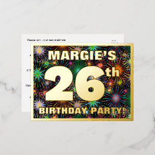 26th Birthday Party: Bold, Colorful Fireworks Look Folie Einladungspostkarte