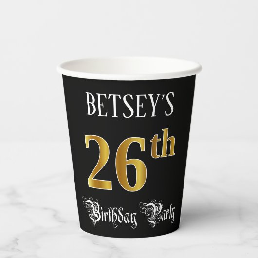 26th Birthday Party — Fancy Script, Faux Gold Look Pappbecher (Rückseite)
