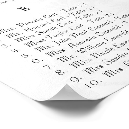 270 - 300 Gäste Black Damask Seating Chart Poster (Ecke)