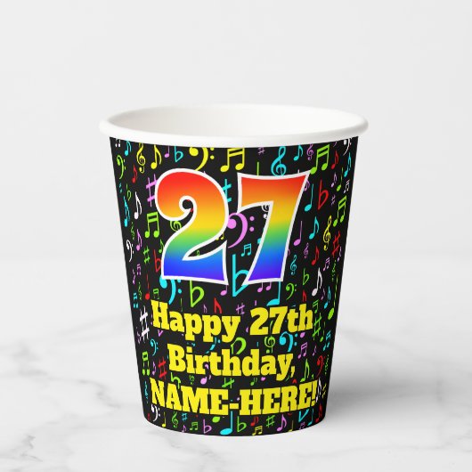 27. Geburtstag: Fun Musiknotens Pattern, Regenboge Pappbecher (Vorderseite)