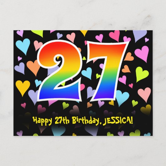27. Geburtstag: Lustiges Herzen-Muster, Regenbogen Postkarte (Vorderseite)