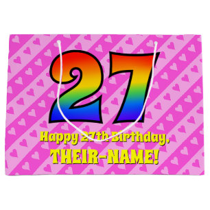 27. Geburtstag: Rosa Streifen & Herz, Regenbogen # Große Geschenktüte