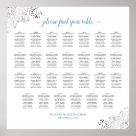 27 Tabelle Frily Wedding Seating Chart Weiß & Aqua Poster