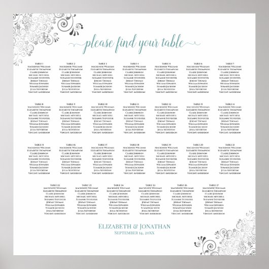 27 Tabelle Frily Wedding Seating Chart Weiß & Aqua Poster (Vorne)
