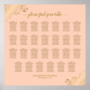 27 Table Wedding Seating Chart Coral Peach & Gold Poster