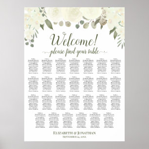 27 Tisch Elfenbeinweiße Rosen Hochzeits-Sitzplan Poster