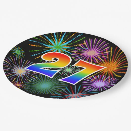 27. Veranstaltung - Spaß, farbenfroh, kühl, Regenb Pappteller (Schrägansicht)