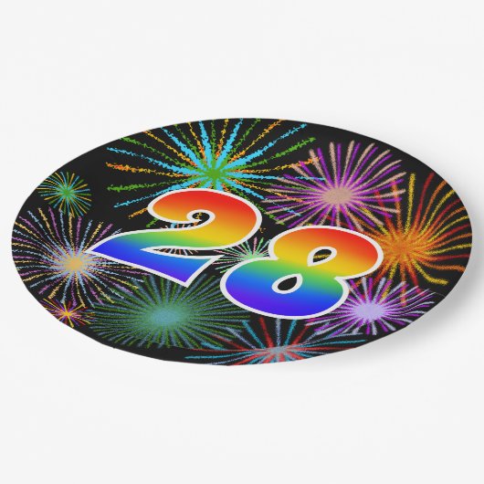 28. Event - Spaß, farbenfroh, kühl, Regenbogen 28 Pappteller (Schrägansicht)