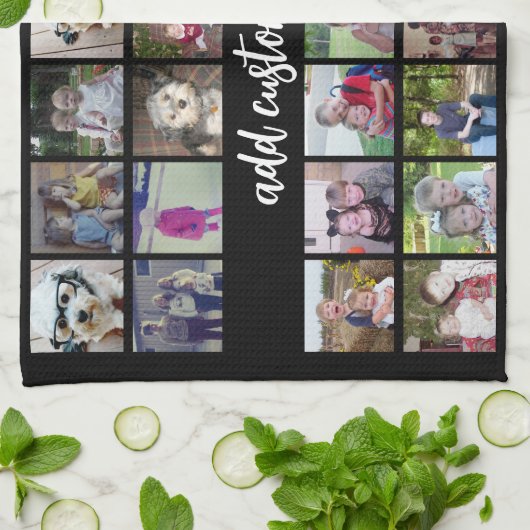 28 Foto Collage Grid - 1 Textfeld - Schwarz-weiß Geschirrtuch (Gefaltet)