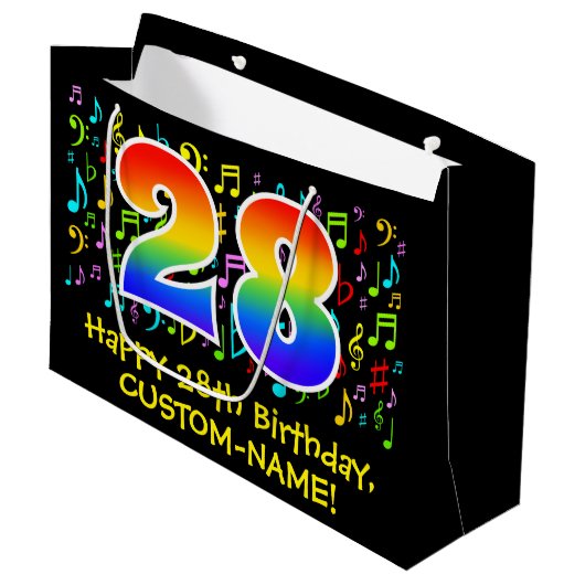 28. Geburtstag - Farbige Musiksymbole, Regenbogen Große Geschenktüte (Vorderseite Schrägansicht)