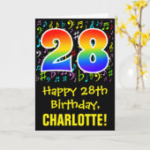 28. Geburtstag: Farbige Musiksymbole + Regenbogen  Karte (Gelbe Blume)