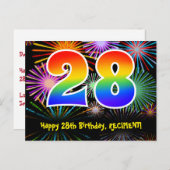28. Geburtstag - Fun Fireworks Pattern + Regenboge Postkarte (Vorne/Hinten)
