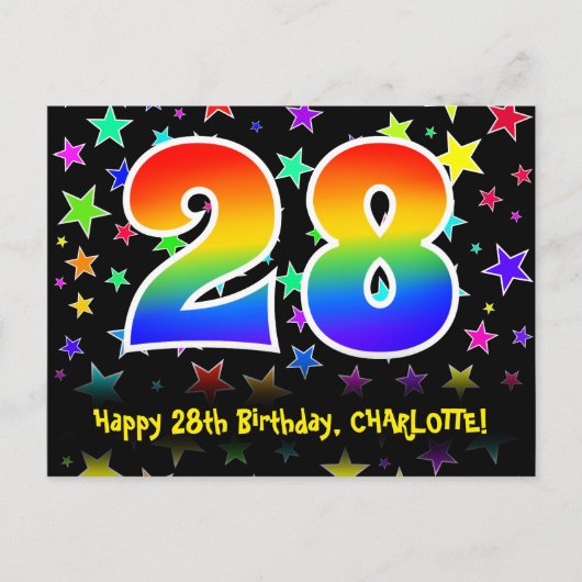 28. Geburtstag: Lustiges Sterne-Muster, Regenbogen Postkarte (Vorderseite)