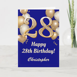 28. Geburtstag Navy Blue und Gold Balloons Confett Karte