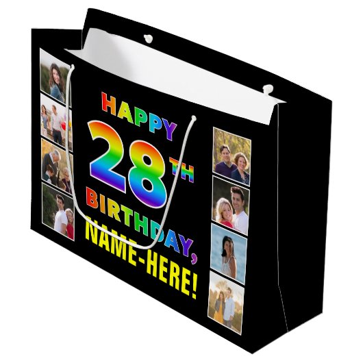 28. Geburtstag: Regenbogentext, benutzerdefinierte Große Geschenktüte (Vorderseite Schrägansicht)