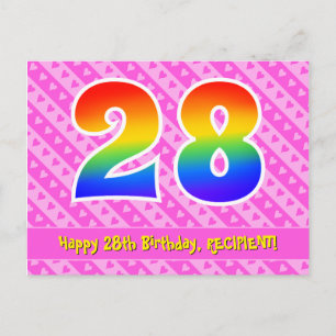 28. Geburtstag: Rosa Streifen & Herzen, Regenbogen Postkarte