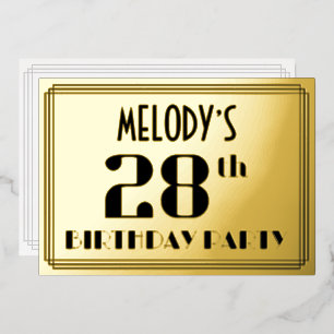 28. Geburtstagsfeier: Art Deco-Look „28“ und Name Folieneinladung