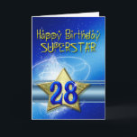28. Geburtstagskarte für Superstar Karte<br><div class="desc">Ein großer glänzender goldener Stern,  in den man den Namen des Geburtstagsjungen setzen kann. Der Hintergrund ist blau mit hübschen weißen Wirbel.</div>