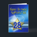 28. Geburtstagskarte für Superstar Karte<br><div class="desc">Ein großer glänzender goldener Stern,  in den man den Namen des Geburtstagsjungen setzen kann. Der Hintergrund ist blau mit hübschen weißen Wirbel.</div>