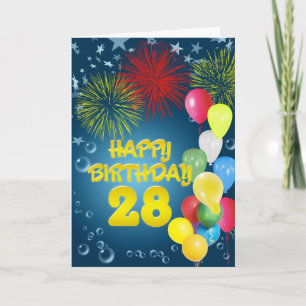 28. Geburtstagskarte mit Feuerwerk und Ballons Karte
