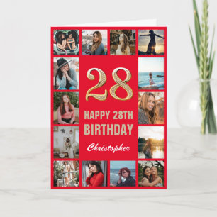 28. Happy Geburtstag Rot und Gold Foto Collage Karte