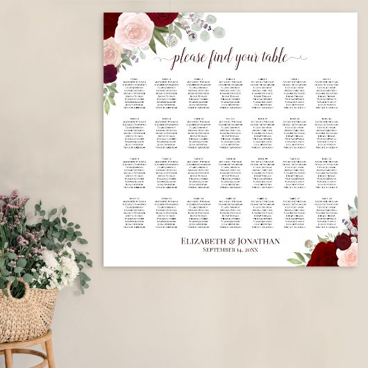 28 Tabelle Rot und Rosa Rosen Hochzeitstabelle Poster
