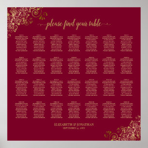 28 Table Burgundy with Gold Frills Seating Chart Poster