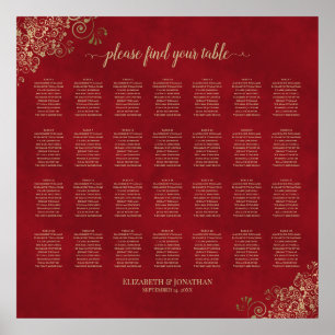 28 Table Gold Frills auf Red Wedding Seating Chart Poster