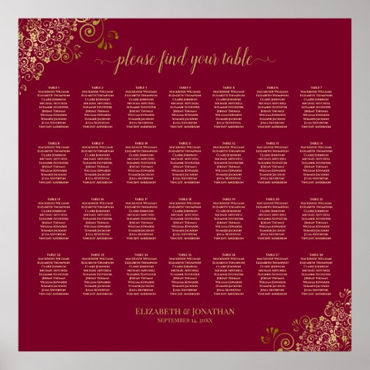 28 Tisch Burgundy mit Gold Frills Seating Chart Poster (Vorne)