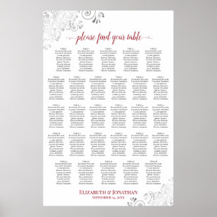 28 Tisch Elegant Rot & Weiß Hochzeits-Sitzplan Poster