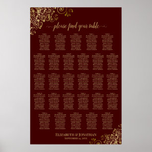 28-Tisch-Hochzeits-Sitzplan Auburn-Braun und Gold Poster
