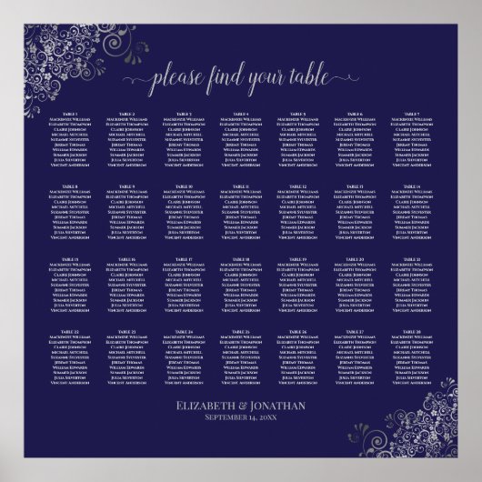 28 Tisch Hochzeitsstühle Silber auf Navy Blue Poster (Vorne)