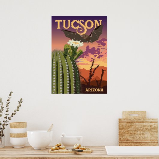 28"x20" Bat and Saguaro - Tucson, Arizona Poster (Küche)
